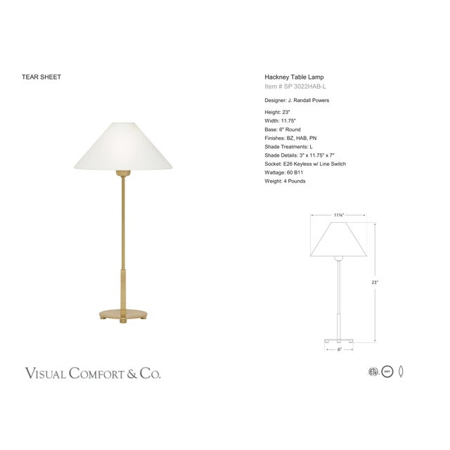J. Randall Powers by Visual Comfort Signature Hackney Table Lamp in Hand-Rubbed Antique Brass with Linen Shade Designer:...