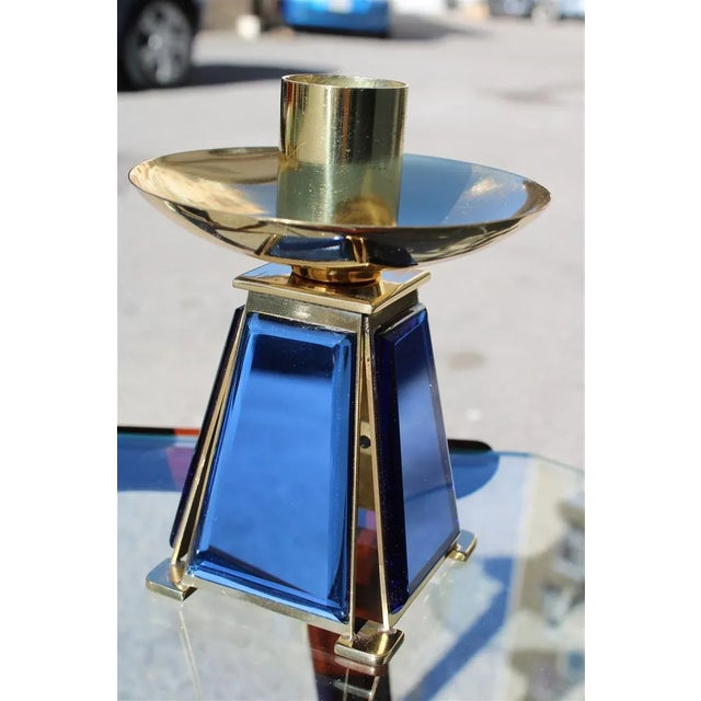Gold-Plated Brass & Mirrored Glass Candelabras In Bevelled Cobalt Blue, 1950s, Set of 2 For Sale - Image 9 of 12