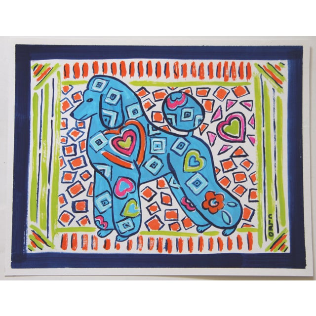 American Dog Poodle Peter Max Style Flower Power Folk Art Pop Art Americana Green Blue Orange Navy Original Painting by Cleo Plowden For Sale - Image 3 of 3