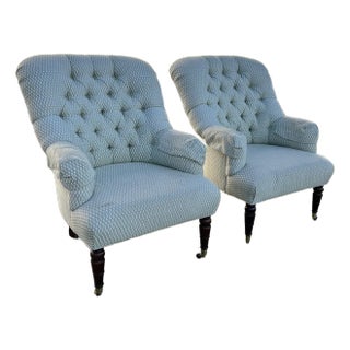 1990s Pair of Victorian Style Tufted Back Armchairs by Calico Corners For Sale