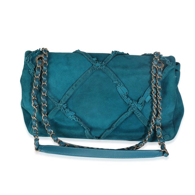 2010s Teal Suede Goatskin Diamond Fringe Medium Flap Bag For Sale - Image 5 of 8