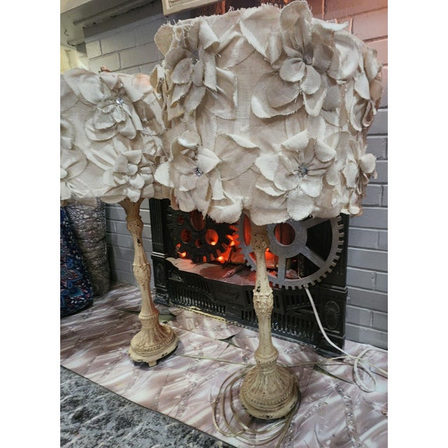Set of 2 Contemporary Shabby Chic Candlestick Table Lamps With Textured Fabric Flower Shades Cottage Couture For Sale - Image 4 of 9