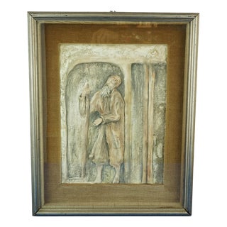 Enamelled Terracotta Bas-Relief Plaque Depicting a Priest or Monk Wearing 17th Century Clothing by I. Colocci, 1971 For Sale