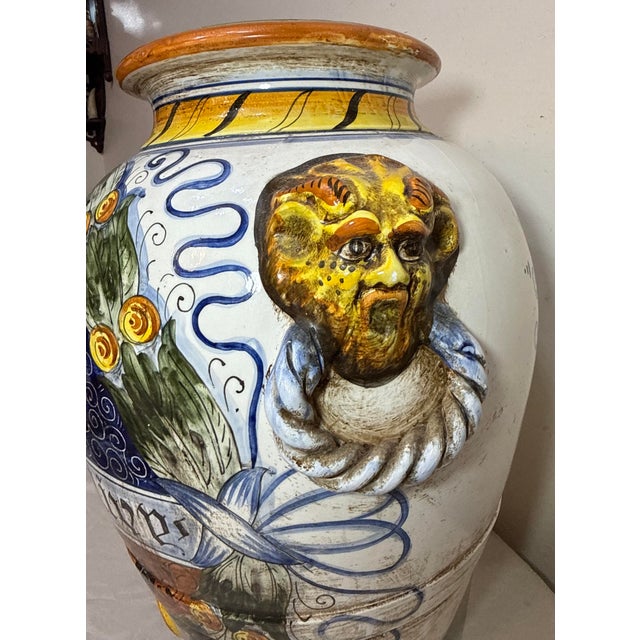 Monumental Antique Hand Painted Italian Majolica Terracotta Pottery Olive Vase For Sale - Image 10 of 15