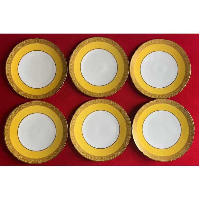 Set of six antique early 20th century Spode porcelain yellow & gold honeycomb China plates. Each with a bright yellow rim...