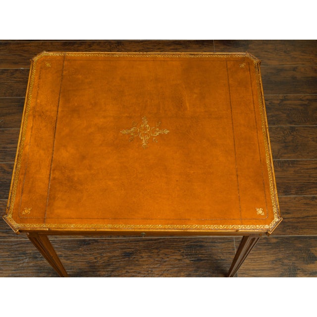 French 19th Century Walnut Side Table with Gilt Embossed Leather Top and Drawer For Sale - Image 4 of 12