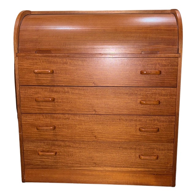 1960s Mid Century Modern Scandinavian Roll Top Secretary Desk For Sale