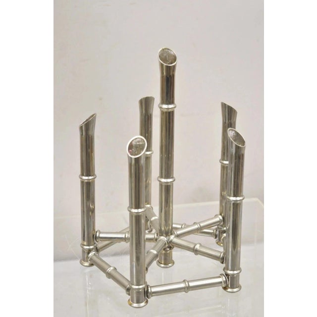 Mid 20th Century Vintage Hollywood Regency Silver Plated Chrome Faux Bamboo Candlesticks - A Pair For Sale - Image 5 of 11