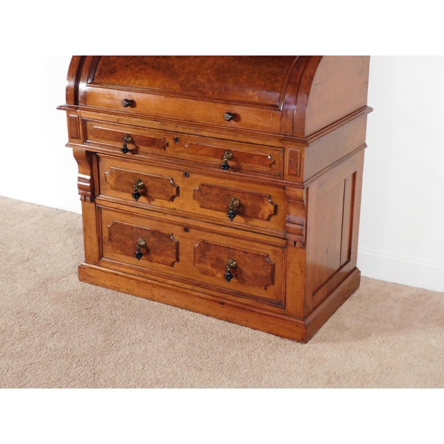 Antique 1880s Victorian Eastlake Burled Walnut Cylinder Secretary Bookcase Desk For Sale In South Bend - Image 6 of 16