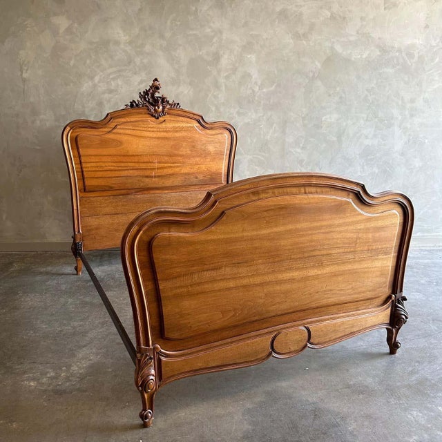 Antique Walnut Carved Full size French bed Headboard, footboard with metal rails. (original rails not available) Overall...