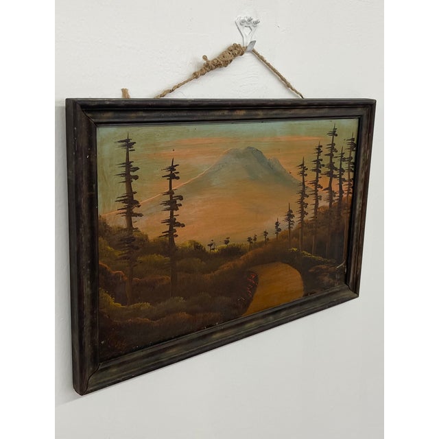 Vintage Framed Landscape Painting of Mountain Path at Sunset, Signed, Folk Art Style For Sale - Image 4 of 9