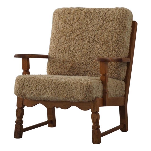 Danish Modern Lounge Chair in Oak and Lambswool by Henning Kjærnulf, 1960s For Sale