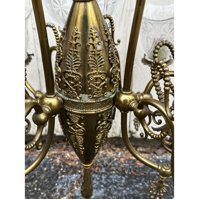 American Vintage Nine Light Brass Restored Gas Fixture For Sale - Image 3 of 12