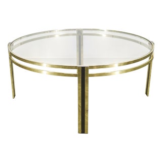 Italian Round Brass and Glass Coffee Table, 1970s For Sale