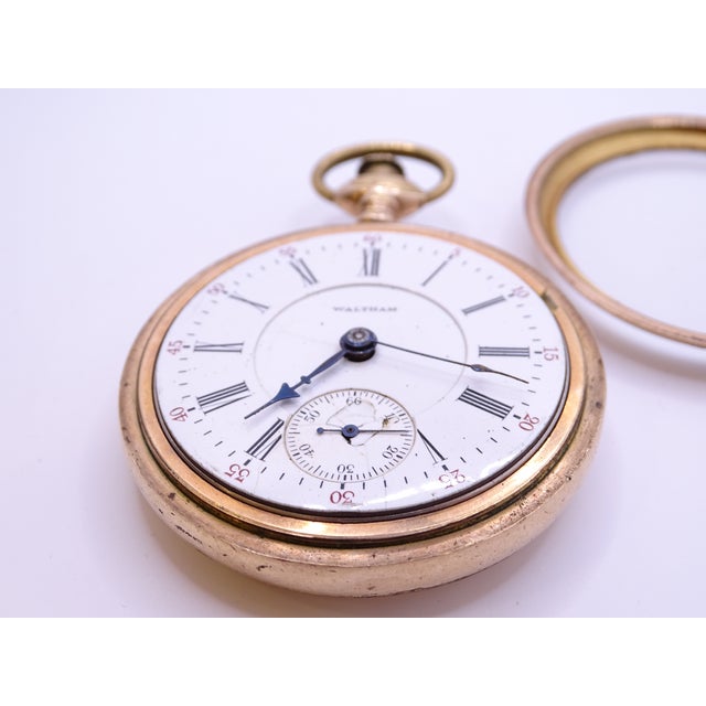 Savonette Pocket Watch in 14k Gold, Porcelain and Crystal from American Waltham Watch Co., USA, 1900s For Sale - Image 6 of 18