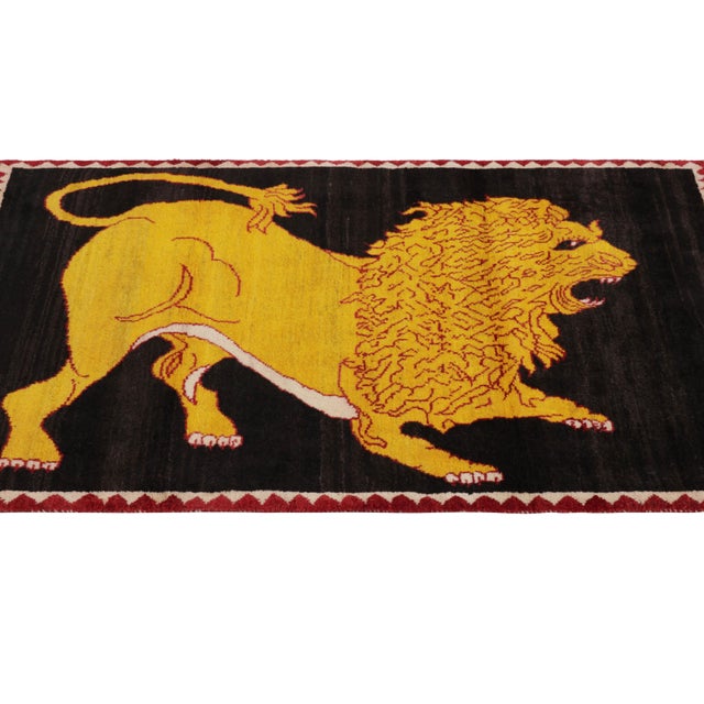1950s Vintage Gabbeh Persian Rug, Gold and Black With Lion Pictorial - Rug & Kilim For Sale - Image 5 of 7