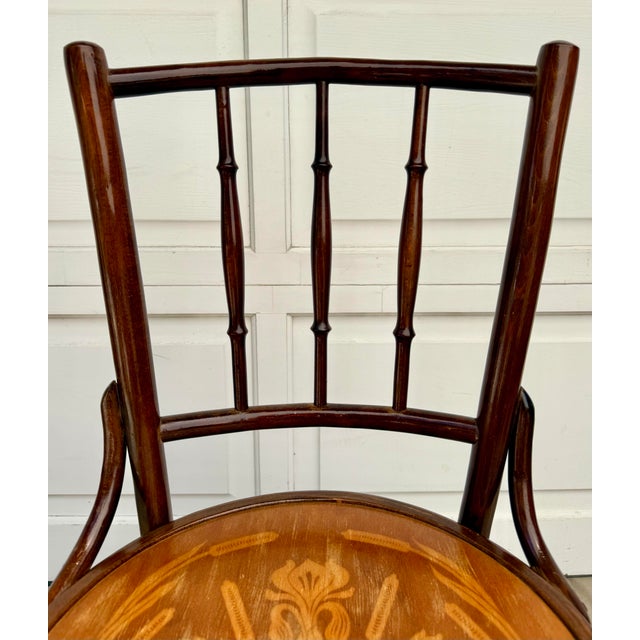 Art Nouveau Antique Vienna Secession Bentwood Chair Attributed to Mundus With Floral Art Nouveau Seat For Sale - Image 3 of 16
