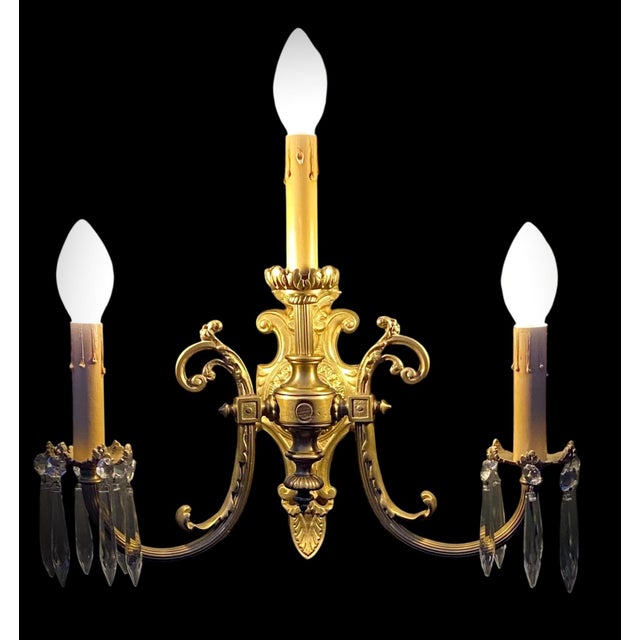 French Antique French Gilt Bronze Three Light Sconce Black Silk Shades Crystal Prisms For Sale - Image 3 of 13