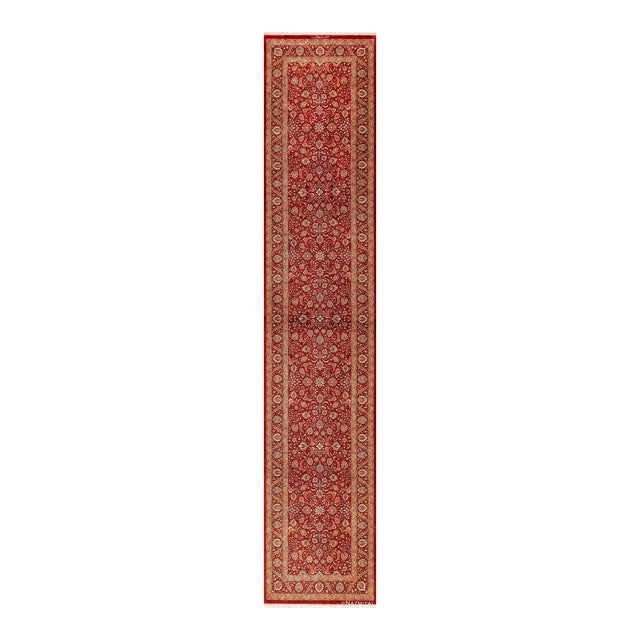 Nazmiyal Collection Red Floral Vintage Persian Qum Silk Runner Rug For Sale