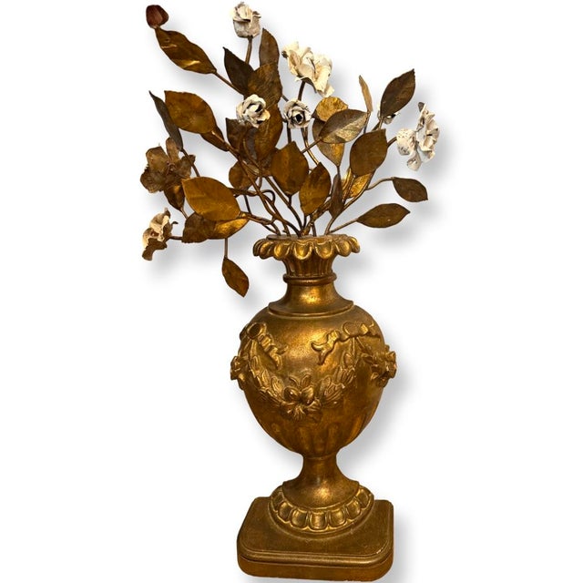 Antique Italian Gilded Wood Middle Urns With Metal Flowers- A Pair For Sale - Image 4 of 7