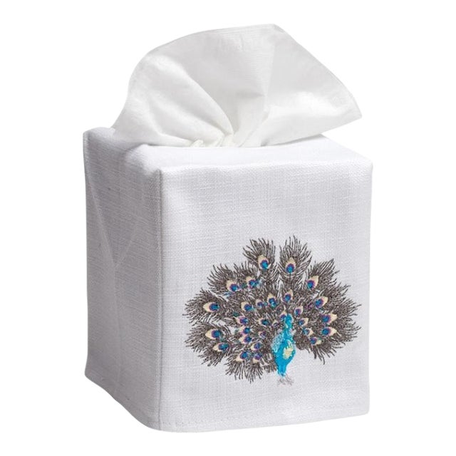 Feathered Peacock Tissue Box Cover in White Linen & Cotton, Embroidered For Sale