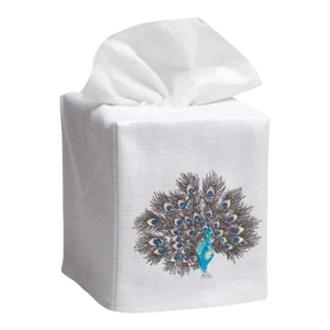 Feathered Peacock Tissue Box Cover in White Linen & Cotton, Embroidered