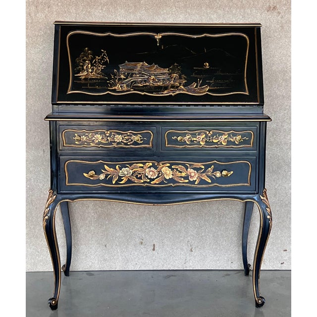 Chippendale Style Slant Top Desk in Black Lacquered Wood, circa 1900 For Sale - Image 16 of 18