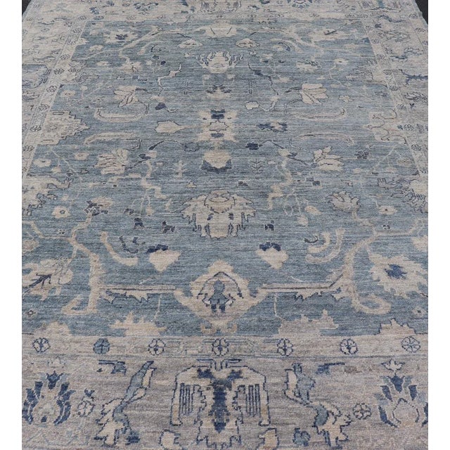 Turkish Angora Oushak Rug by Keivan Woven Arts, Dusty Blue, 9'2" X 11'7" For Sale - Image 4 of 11