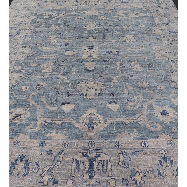 Turkish Angora Oushak Rug in Dusty Blue Background and Silver Border 9'2 X 11'7 For Sale - Image 4 of 11