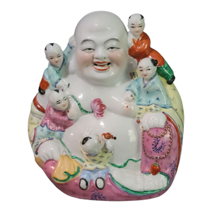 Vintage Hand Painted Colorful Famille Rose Fertility Happy Buddha Statue