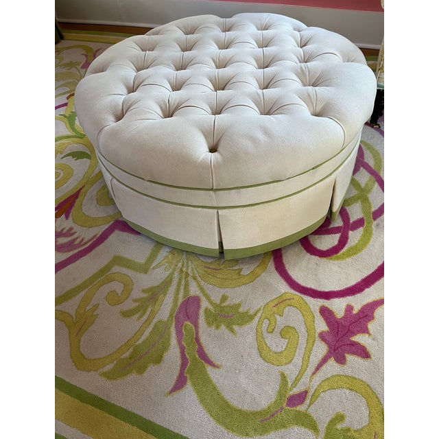 Custom white and green tufted ottoman by Vanguard. The lower portion of the sides of the ottoman are pleated. The white...