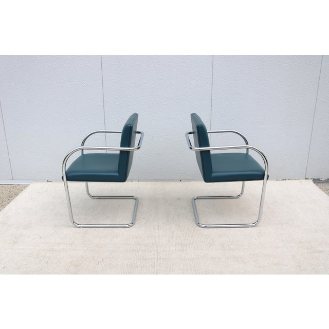 Ludwig Mies Van Der Rohe Brno Tubular Chairs in Blue Leather by Gordon - A Pair For Sale - Image 11 of 18