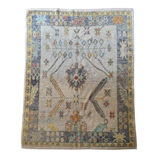 Modern Turkish Oushak Rug With Ivory With Gray and Soft Orange Floral Motifs | 5'10" X 7'7" For Sale