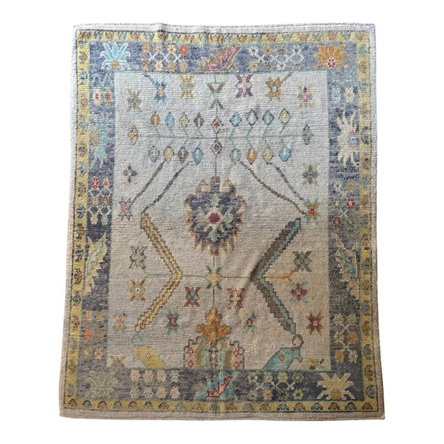 Modern Turkish Oushak Rug With Ivory With Gray and Soft Orange Floral Motifs | 5'10" X 7'7" For Sale