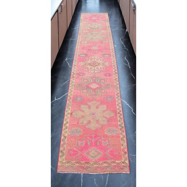Hollywood Regency 1970s Pink Kurdish Herki Hand-Knotted Distressed Runner For Sale - Image 3 of 12
