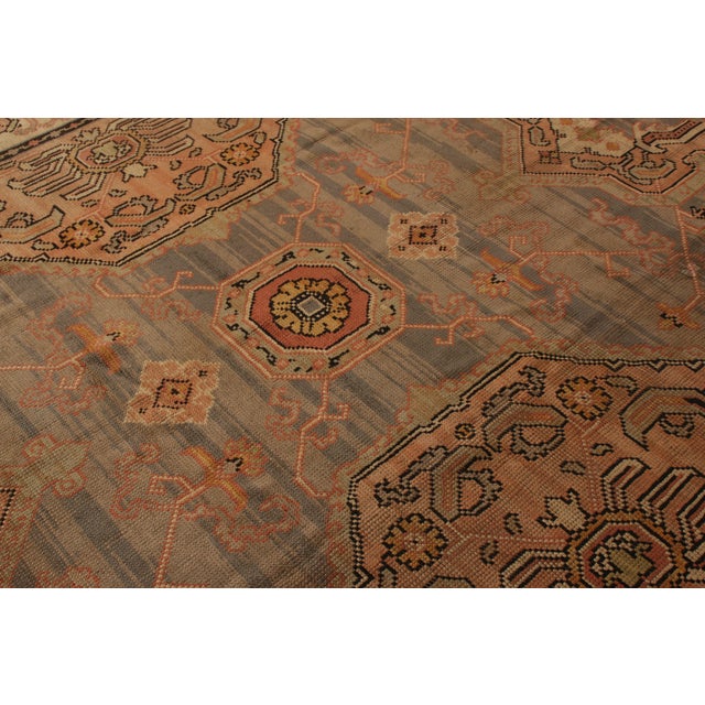 Blue Hand Knotted Antique Oushak Style Rug in Blue and Pink Medallion Style For Sale - Image 8 of 9