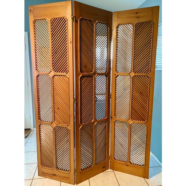 Mid-Century Modern 1977 Chapman Vintage Wooden Louvered Folding Screen | Three-Panel Room Divider For Sale - Image 10 of 11