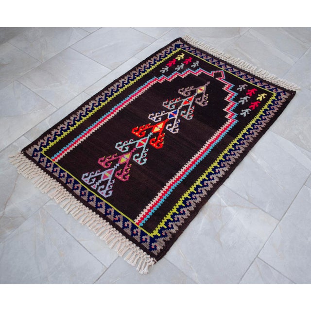 1960s Handwoven Kilim 3x4 - Vintage Turkish Prayer Rug - Dark Brown Organic Wool - Tree of Life Wall Hanging - Small Tribal Accent Rug For Sale - Image 5 of 11
