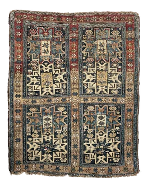Antique Caucasian Quad-Section Duel Medallion with Leshgi Stars Rug, 3.8 x 4.8
