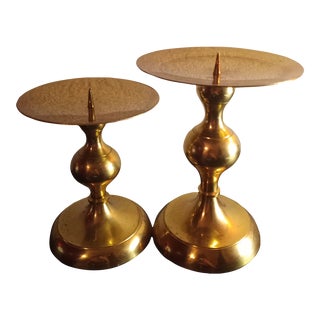 1980s Shiny Solid Brass Pillar Candle Holders- Set of 2 For Sale