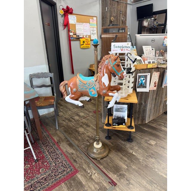 Hand Painted Antique Carousel Horse With Brass Torchiere Stand For Sale - Image 9 of 16