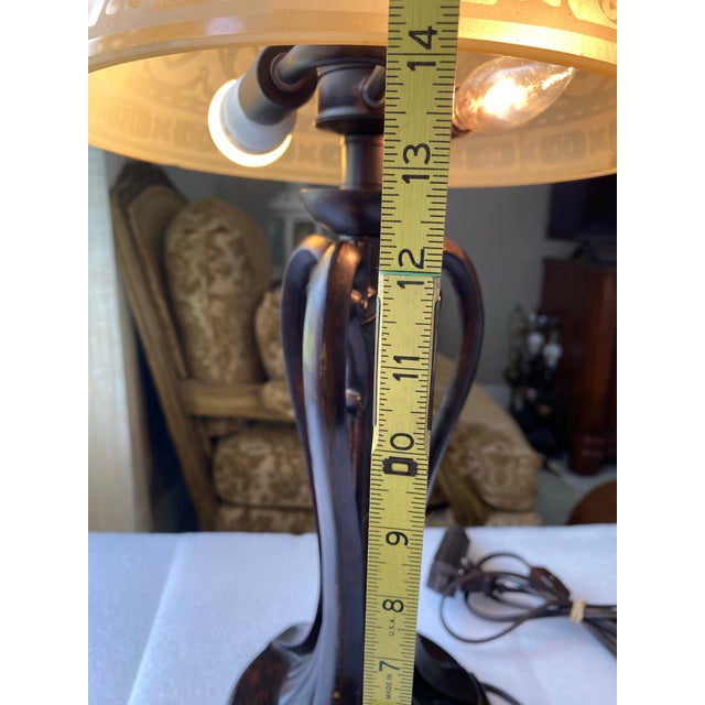 1980s Vintage Art Deco Style Table Lamp, Ornate Dark Bronze Metal Base, Amber Glass Dome Shade, 24” Tall For Sale - Image 5 of 12