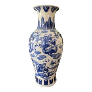 Vintage Blue and White Tall Chinoiserie Mantel Vase For Sale