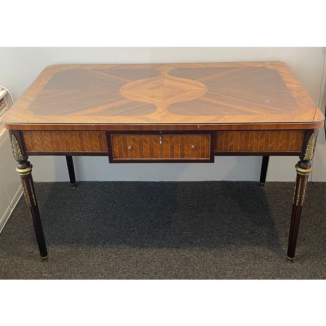 Rare Gorgeous Marquetry inlaid wood Bureau Plat with bronze accents and a custom cut Glass Top, draw with the original...