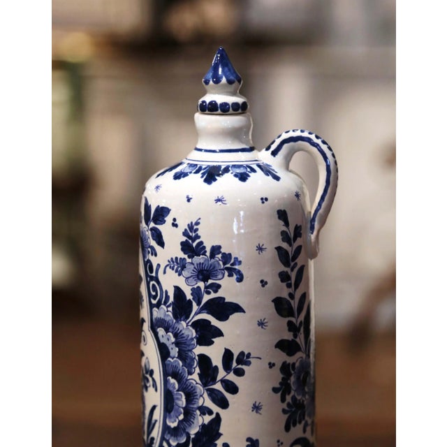 Traditional Mid-Century Dutch Blue and White Painted Faience Delft Olive Oil Bottle For Sale - Image 3 of 9