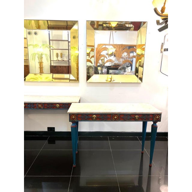 Italian Painted Wrought Iron Console Tables with Marble Tops, 1900s, Set of 2 For Sale - Image 3 of 12