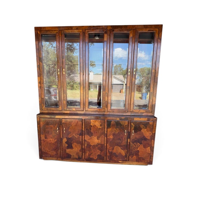 Mid-Century Modern 1970s American of Martinsville Credenza and China Cabinet Hutch Patchwood Olive Wood ' Camo' Cabinet For Sale - Image 3 of 14