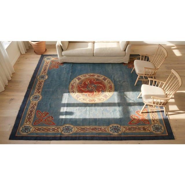 Striking Sky Blue and Orange Color With Medallion Design Antique Donegal Arts & Crafts Rug For Sale - Image 11 of 12