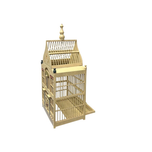 Western House Shape Light Cream Color Wood Birdcage Display For Sale - Image 4 of 9