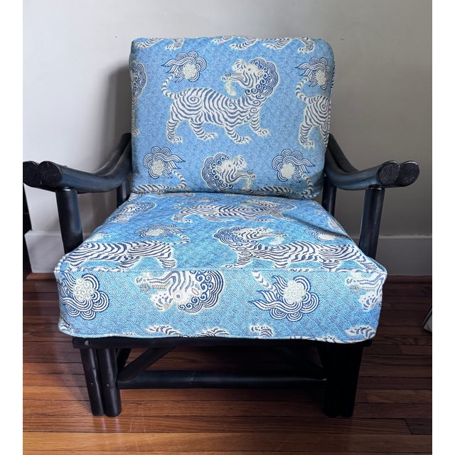 Wood Mid 20th Century Black Rattan Bamboo Lounge Chair in the Manner of Ficks Reed For Sale - Image 7 of 16